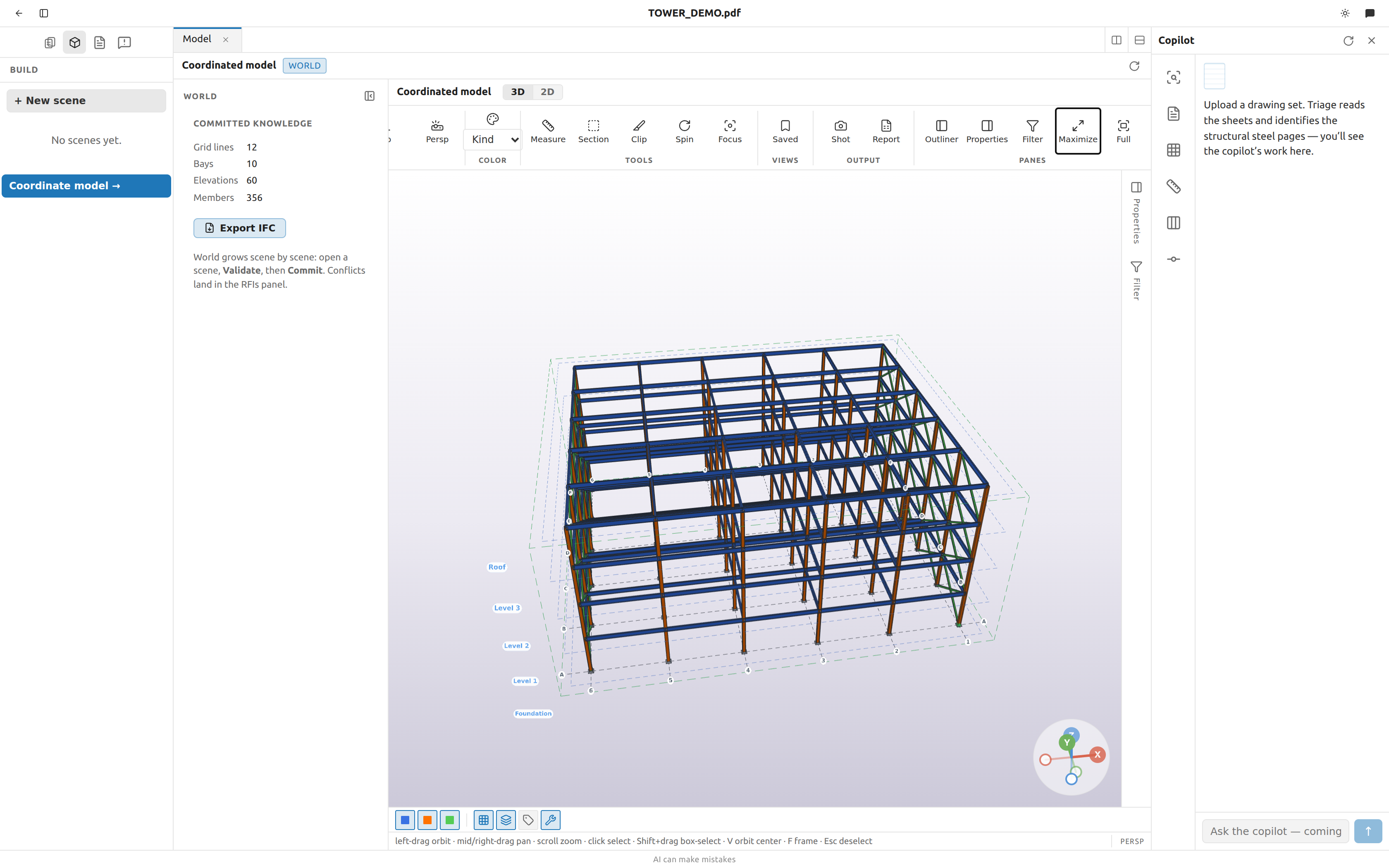 The coordinated 3D model with the ribbon, outliner and properties dock