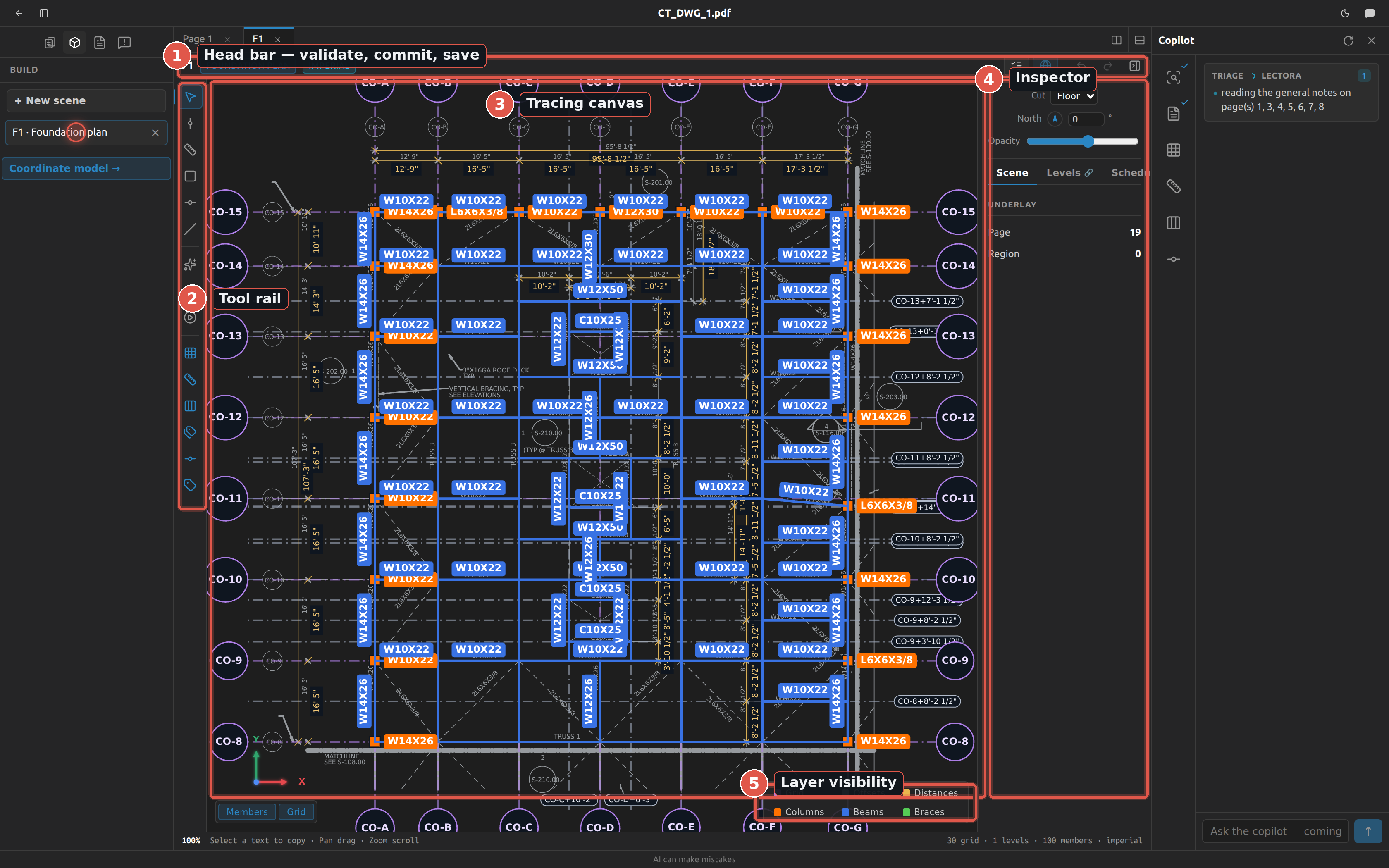 The scene editor: head bar, tool rail, canvas underlay, inspector and status bar