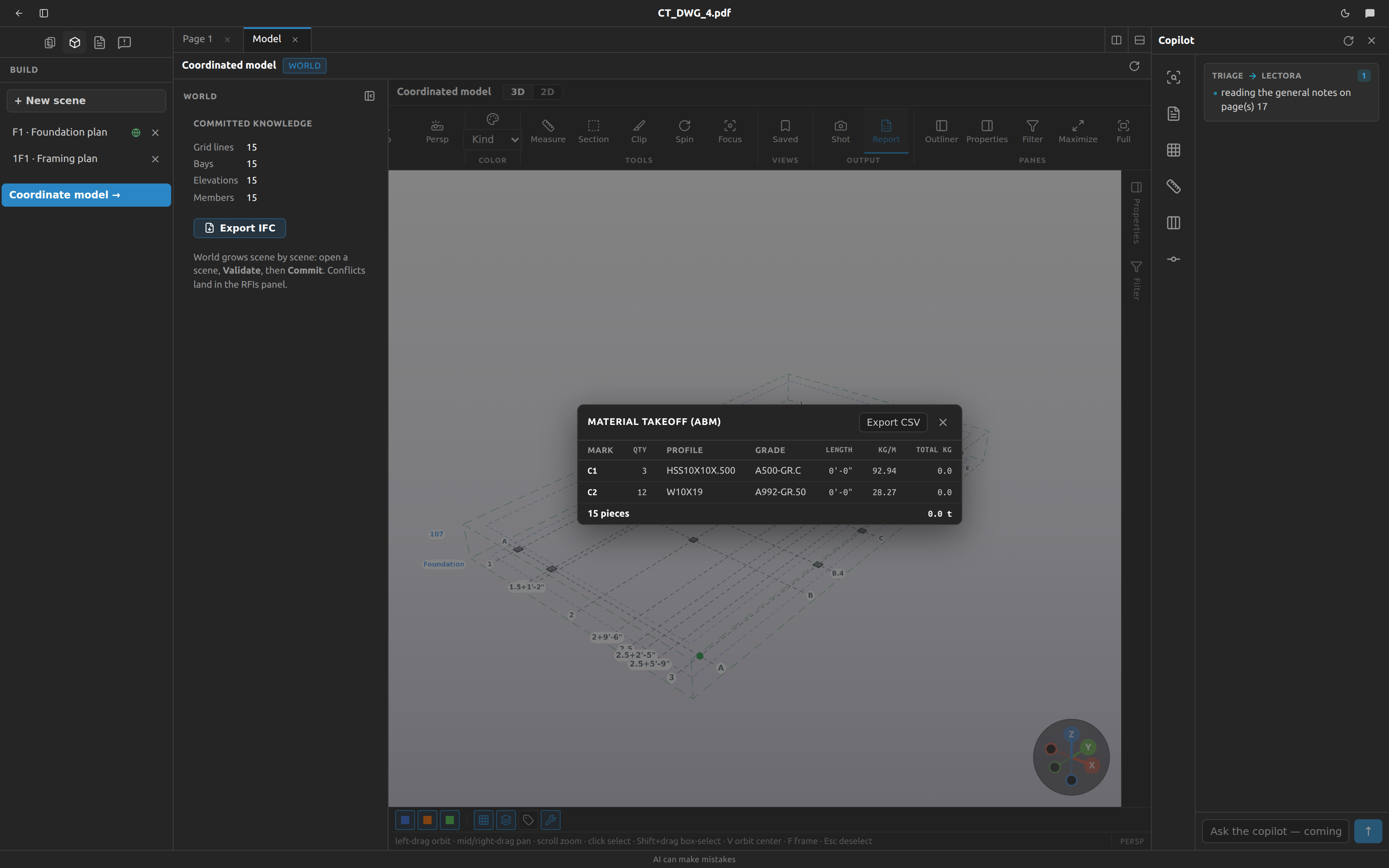 Material takeoff — a full bill of materials, exportable to CSV